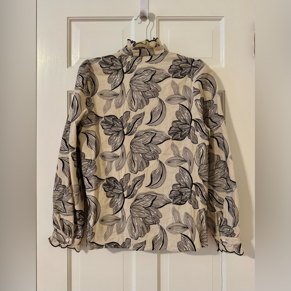 Sezane Cendrine Shirt Ecru With Black Embroidered Flowers - Size 8 - Picture 6 of 6